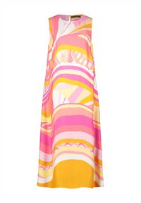 Robe sans manches avec un col rond, ornée de rayures ondulées vibrantes en rose, jaune et blanc de différentes épaisseurs et d'une texture lisse.