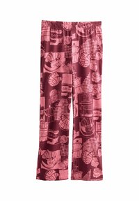 Bordoožedad püksid roosa toiduteemalise mustriga, millel on sarvesaiad, kohvitassid ja erinevad pagaritooted pehmest, siledast kangast.