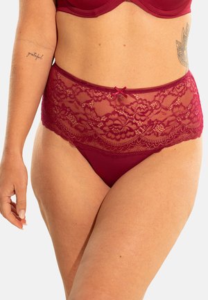 Burgundy lace high-waisted underwear featuring floral patterns, sheer lace trim, and a small bow accent at the front.