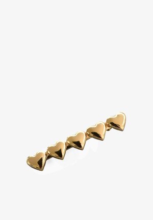 Gold-tone hair clip featuring five polished heart shapes in a row, with a smooth texture and shiny finish. Compact and lightweight design.