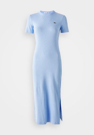 Light blue, short-sleeve, ribbed midi dress with crew neck and small green logo on left chest, featuring side slit on hem.