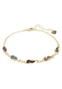 Gold-tone bracelet featuring seahorse and shell motifs adorned with colored gemstones. Linked chain design with a lobster clasp.