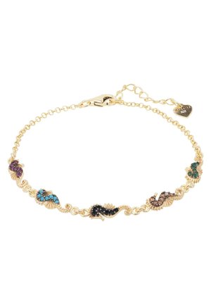 Gold-tone bracelet featuring seahorse and shell motifs adorned with colored gemstones. Linked chain design with a lobster clasp.