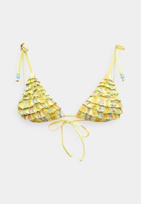 Zelený a žltý bikínový top s volánikmi, trojuholníkovými košíčkami, viacfarebnými pruhmi, nastaviteľnými šnúrkami a ozdobnými korálkami na popruhoch.