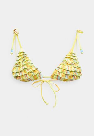 Groen en geel gerimpeld bikinibovenstuk met driehoekige cups, meerkleurige strepen, verstelbare koordjes en decoratieve kralen op de banden.