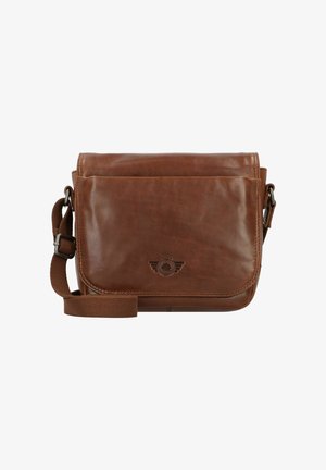 Borsa a tracolla in pelle marrone con chiusura a pattina, tracolla in tessuto regolabile e dettaglio del logo impresso. Texture liscia, forma rettangolare.