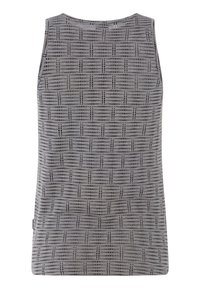 Top senza maniche grigio con un design testurizzato che presenta una griglia di piccoli punti. Tessuto leggero, scollatura rotonda e vestibilità rilassata.