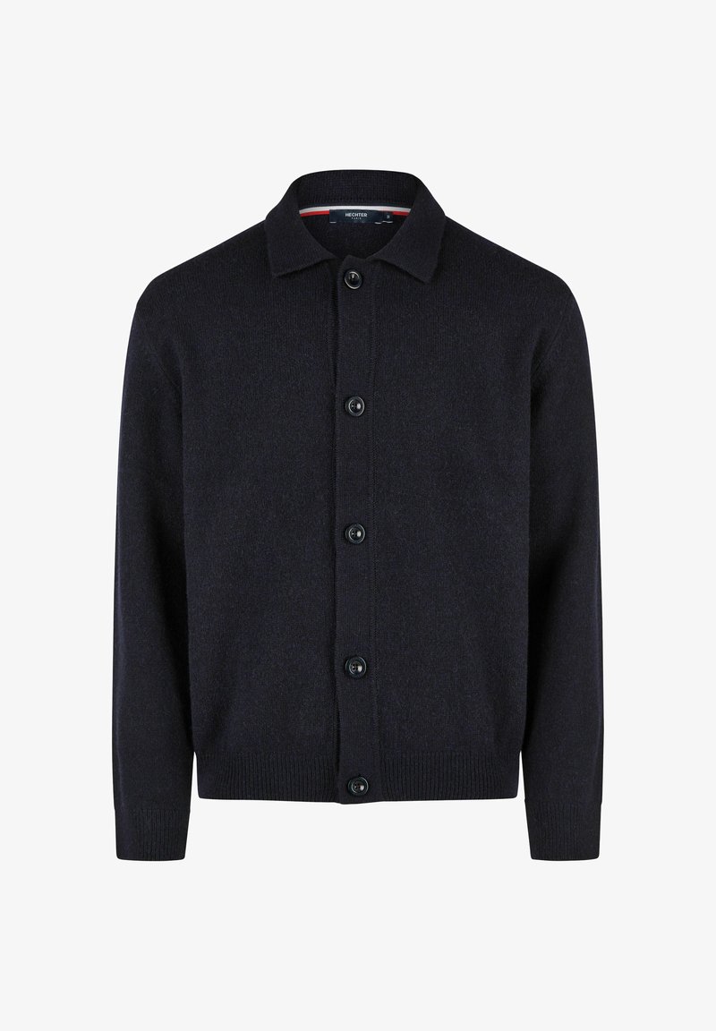 Marinefarbener Cardigan mit Kragen, Knopfleiste, langen Ärmeln und geripptem Saum. Gefertigt aus weichem Strickmaterial mit glatter Textur.