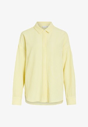 Gul og hvit langermet skjorte med vertikale striper, knapper foran, klassisk krage og mansjetter på ermene.