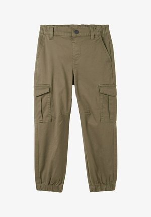 Pantaloni cargo in verde oliva, con una vita elastica, due tasche laterali e due tasche cargo sulle cosce. Tessuto liscio.