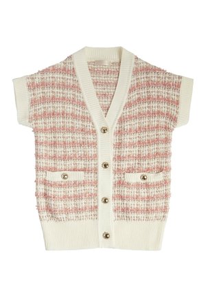 Cardigan tricoté à manches courtes avec motif texturé rose et blanc, col en V, boutons sur le devant et deux petites poches frontales avec fermetures à boutons.