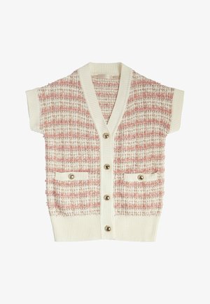 Kurzärmelige Strickjacke mit rosa-weißem Strukturmuster, V-Ausschnitt, Knopfleiste vorne und zwei kleinen Fronttaschen mit Knopfverschluss.