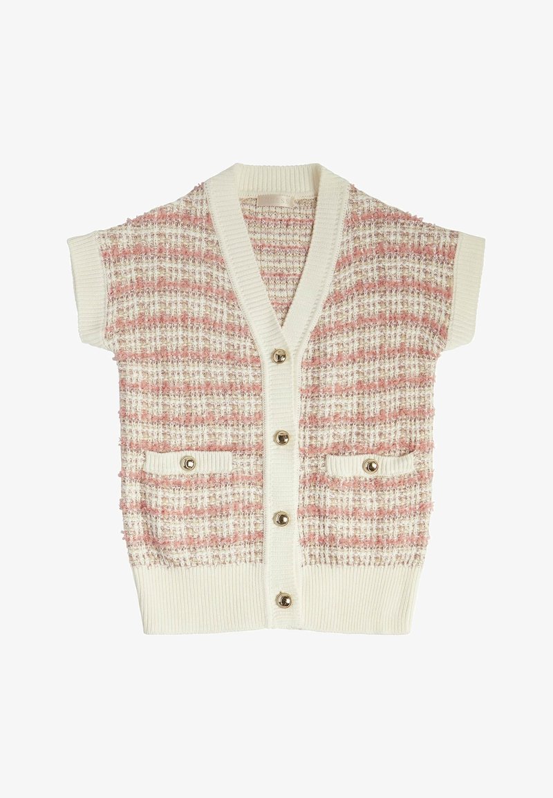 Cardigan tricoté à manches courtes avec motif texturé rose et blanc, col en V, boutons sur le devant et deux petites poches frontales avec fermetures à boutons.