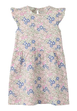 Ermeløs kjole for småbarn med pastellfarget blomstermønster i rosa, blått og grønt, med innsvingt midje og liten knappelukking med nøkkelhull bak.
