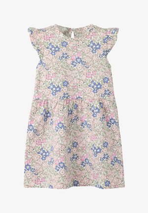 Robe sans manches pour tout-petit avec imprimé floral pastel en rose, bleu et vert, dotée d'une taille froncée et d'une petite ouverture en forme de goutte au dos avec bouton.