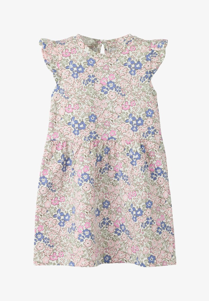 Robe sans manches pour tout-petit avec imprimé floral pastel en rose, bleu et vert, dotée d'une taille froncée et d'une petite ouverture en forme de goutte au dos avec bouton.