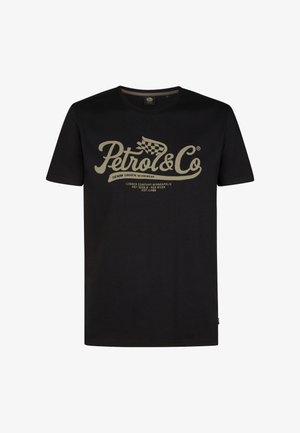 Čierne bavlnené tričko s veľkým krémovým logom a detailom šachovnicovej vlajky a textom, okrúhlym výstrihom a krátkymi rukávmi.