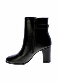 Anfibi in pelle nera con zip laterale, tacco a blocco e dettaglio decorativo a strappo sul retro.