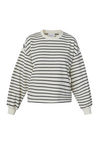 Afklippet sweatshirt i creme med marineblå vandrette striber, der har lange posede ærmer og ribbede manchetter. Blød stoftekstur.