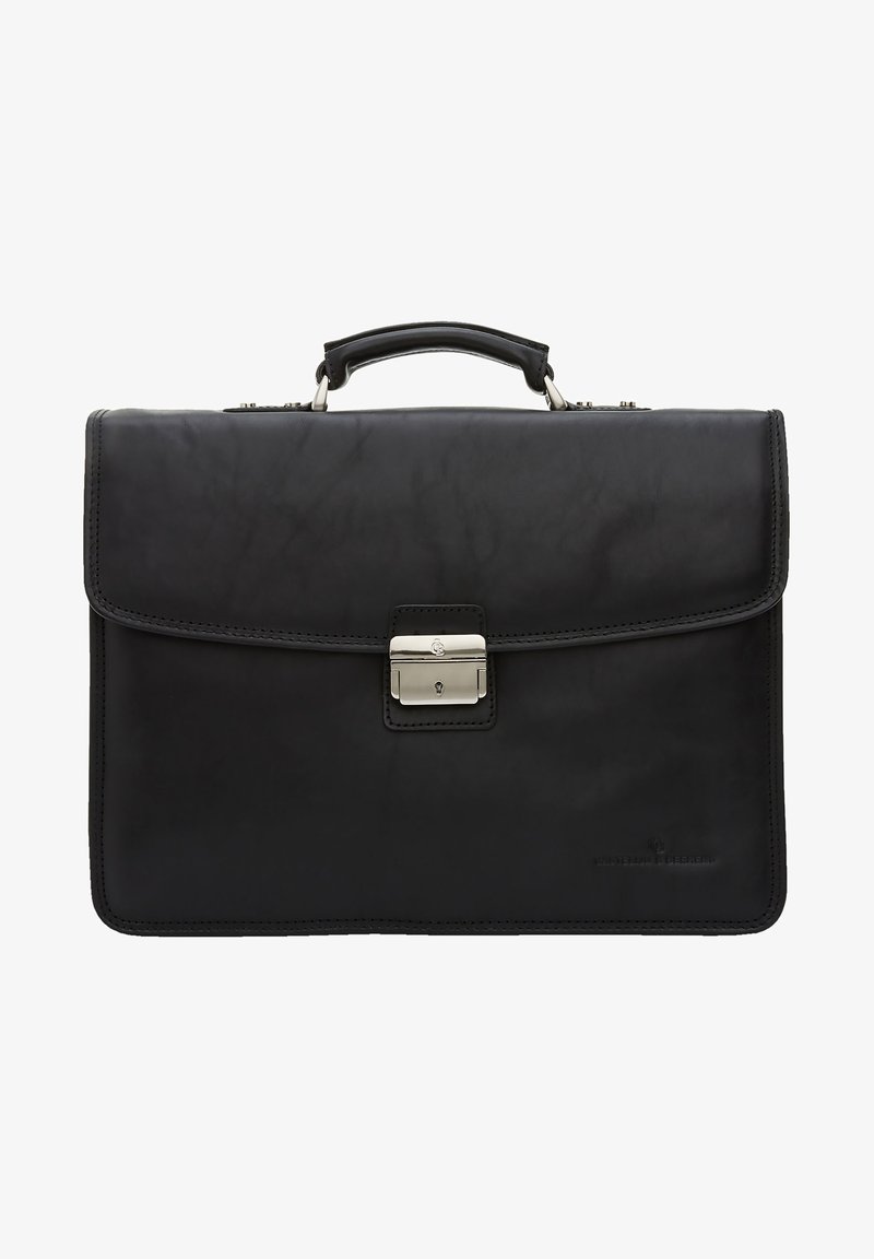 Portadocumenti in pelle nera con una texture liscia, maniglia superiore e chiusura con fermaglio in argento. Presenta cuciture meticolose e dettagli con logo in rilievo.