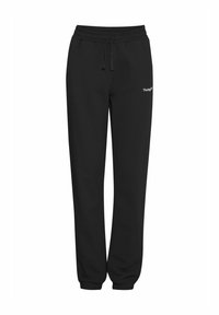 Sorte sweatpants lavet af blød stof, med et elastisk talje bånd og snøre, tapered ben og et lille logo foran.