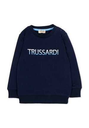 Felpa con maniche lunghe blu navy per toddler con polsini a costine, logo "TRUSSARDI" in lettere bianche e azzurro chiaro sul petto e bottoni automatici sulle spalle.