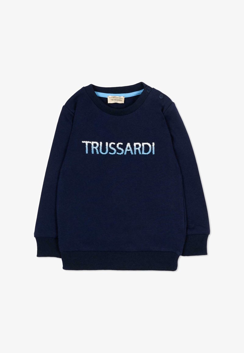 Sweat-shirt à manches longues bleu marine pour tout-petit avec poignets côtelés, logo "TRUSSARDI" en lettres blanches et bleu clair sur la poitrine, et boutons-pression aux épaules.