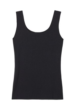 Débardeur noir à encolure dégagée, fabriqué en tissu lisse, avec des bretelles larges et une silhouette ajustée sans motifs.
