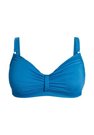 Modr zgornji del bikinija z nastavljivimi ramenskimi naramnicami in nabrano tkanino na sredini spredaj.