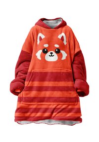 Czerwona, oversize bluza z kapturem o pluszowej fakturze, z nadrukiem twarzy czerwonej pandy, poziomymi paskami w różnych odcieniach czerwonego oraz z kieszenią z przodu.