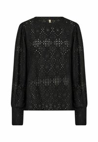 Black lace top with a geometric pattern, long sleeves, and a round neckline. Features sheer textural details and textured cuffs.
