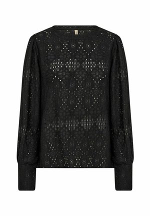 Svart spetsblus med geometriskt mönster, långa ärmar och rund halsringning. Har genomskinliga texturdetaljer och texturerade manschetter.