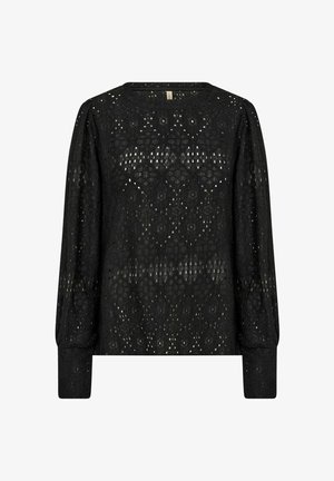 Must mustriga mustri, geomeetrilise mustriga, pikad varrukad ja ümar kaelus. Omab läbipaistvaid tekstuurilisi detaile ja tekstuurilisi mansette.