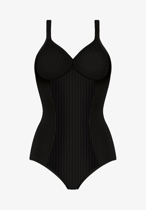 Sort badesuit med stribet design. Har formede skåle, justerbare stropper og et glat, strækbart stof for komfort.