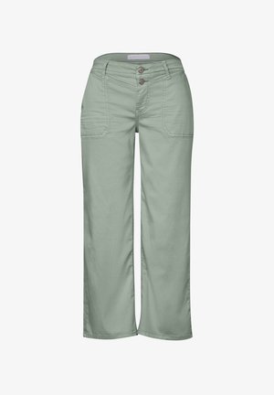 Lysgrønne breddebenbukser lavet af bomuld. Indeholder to frontlommer, lynlåsgylpter og dobbelt knaplukning. Glat tekstur, afslappet design.