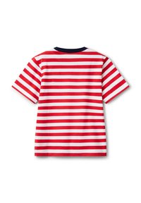 Rot und weiß gestreiftes T-Shirt mit kurzen Ärmeln und einem Marinekragen, aus weichem Baumwollmaterial gefertigt, mit gleichmäßigem Streifenmuster und Rundhalsausschnitt.