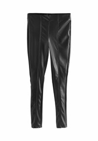 Fekete műbőr leggings, karcsú fazonnal, függőleges varrással és elasztikus derékkal. Sima textúra, fényes kivitelben.