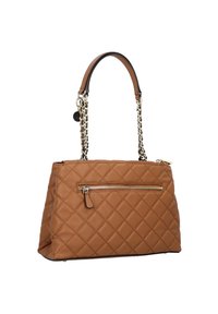 Borsa a tracolla imbottita color tan con superficie texturizzata, dotata di una tasca con zip dorata e manici doppi, uno in catena e uno in pelle.