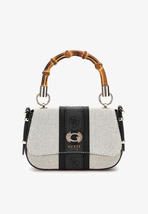 Black and white handbag with a textured surface, bamboo handle, silver hardware, and a logo. Features striped design and a structured shape.
