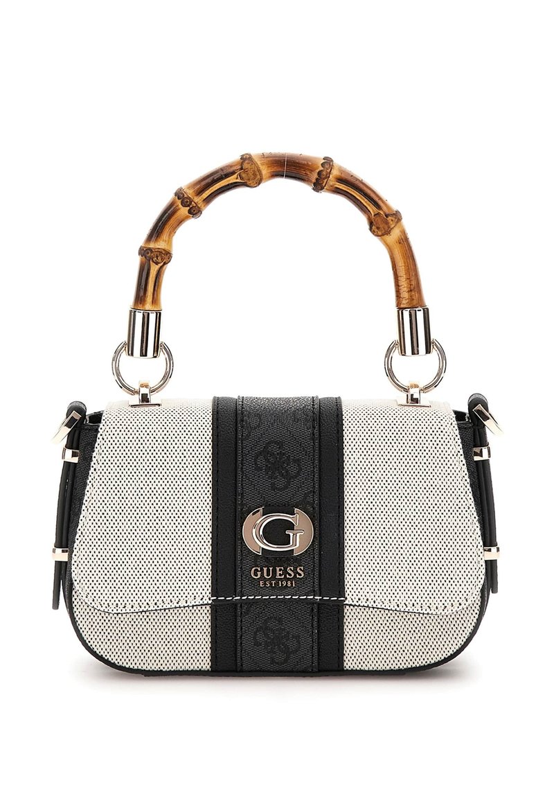 Sac à main noir et blanc avec une surface texturée, une poignée en bambou, des accessoires en métal argenté et un logo. Présente un design rayé et une forme structurée.