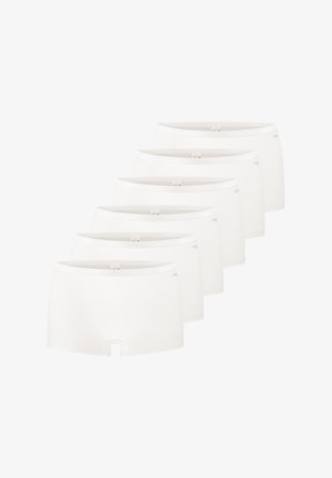 Hvide bomuldsboxershorts med en glat tekstur, elastisk talje, og en kort længde med lige snit, præsenteret i et sæt af seks.