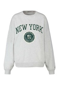 Felpa grigia con testo verde "NEW YORK" e grafica circolare. Presenta polsini e orlo a costine, realizzata in morbido tessuto con una vestibilità comoda.