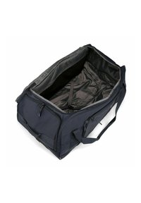 Sac de sport bleu marine foncé fait en tissu durable, avec deux poches zippées sur les côtés, un intérieur spacieux et des poignées robustes pour le transport.