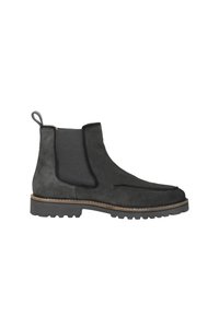 Zwarte suède Chelsea boot met elastische zijpanelen, ronde neus en robuuste rubberen zool. Bevat een trekhaak aan de achterkant.