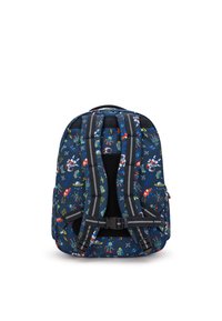 Zaino navy con stampa colorata di robot e tema spaziale. Presenta spallacci imbottiti, fibbie regolabili e una chiusura con cerniera.