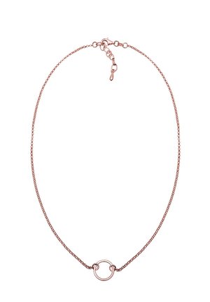Collana in oro rosa con una sottile catena e un pendente circolare al centro, dotata di un gancio a granchio per la regolazione della lunghezza.