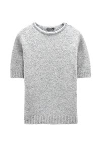 Jasnoszary sweter z krótkim rękawem o fakturowanym splocie, z okrągłym dekoltem i prążkowanym dolnym wykończeniem, z wielokolorowymi wstawkami na całej powierzchni.