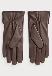 Brown leather gloves with a smooth texture, featuring gathered stitching at the wrist and a separate thumb section. Classic design.