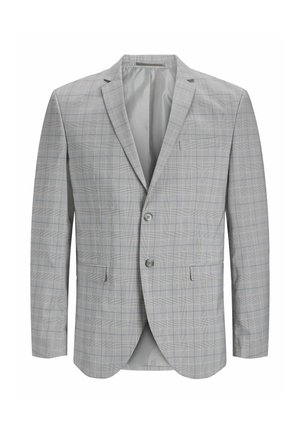 Grau karierter Blazer mit einer Zwei-Knopf-Front, gebrochenen Revers, schlanker Passform und seitlichen Taschen, der ein dezentes blaues Muster im Gewebe aufweist.