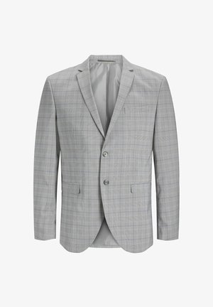Szary w kratę blazer z dwoma guzikami z przodu, klapami w kształcie notcha, wąskim krojem i kieszeniami bocznymi, z subtelnym niebieskim wzorem w tkaninie.